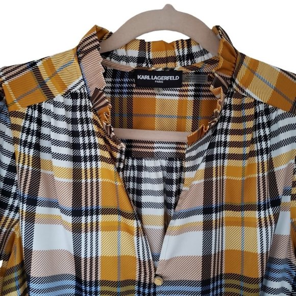 Karl Lagerfeld plaid smocked ruffled blouse yellow and blue - Picture 3 of 8